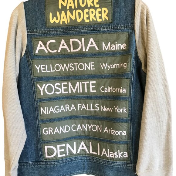 Upcycled Denim Jacket, Size M: Nature Wanderer Patches, Waffle Knit Sleeves - Picture 7 of 12